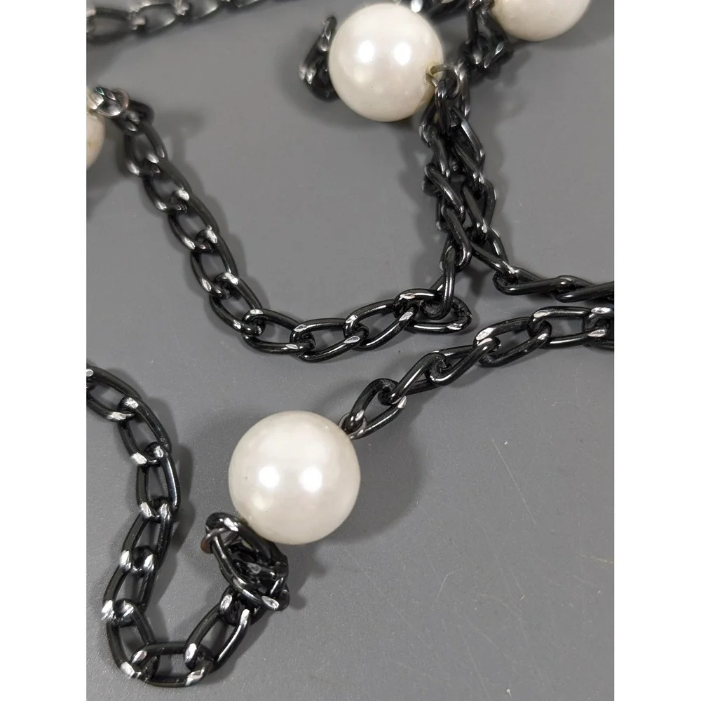 Gunmetal‎ Gray Multi Chain Faux Pearl Station Necklace Layered Long 31in